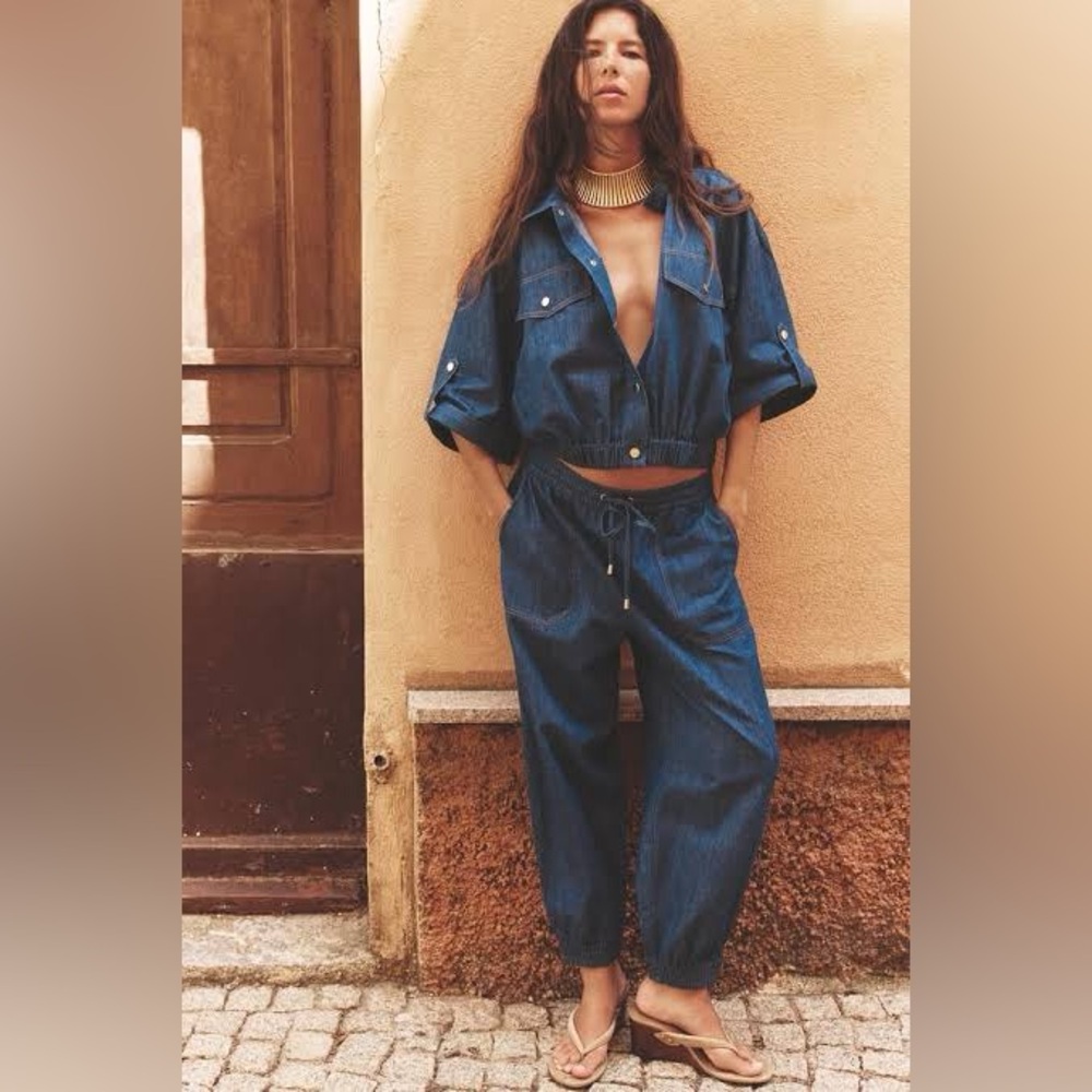 ZARA SHORT-SLEEVE LINEN JACKET 
& JOGGER PANTS SET ( 2 pcs )
Color: Indigo